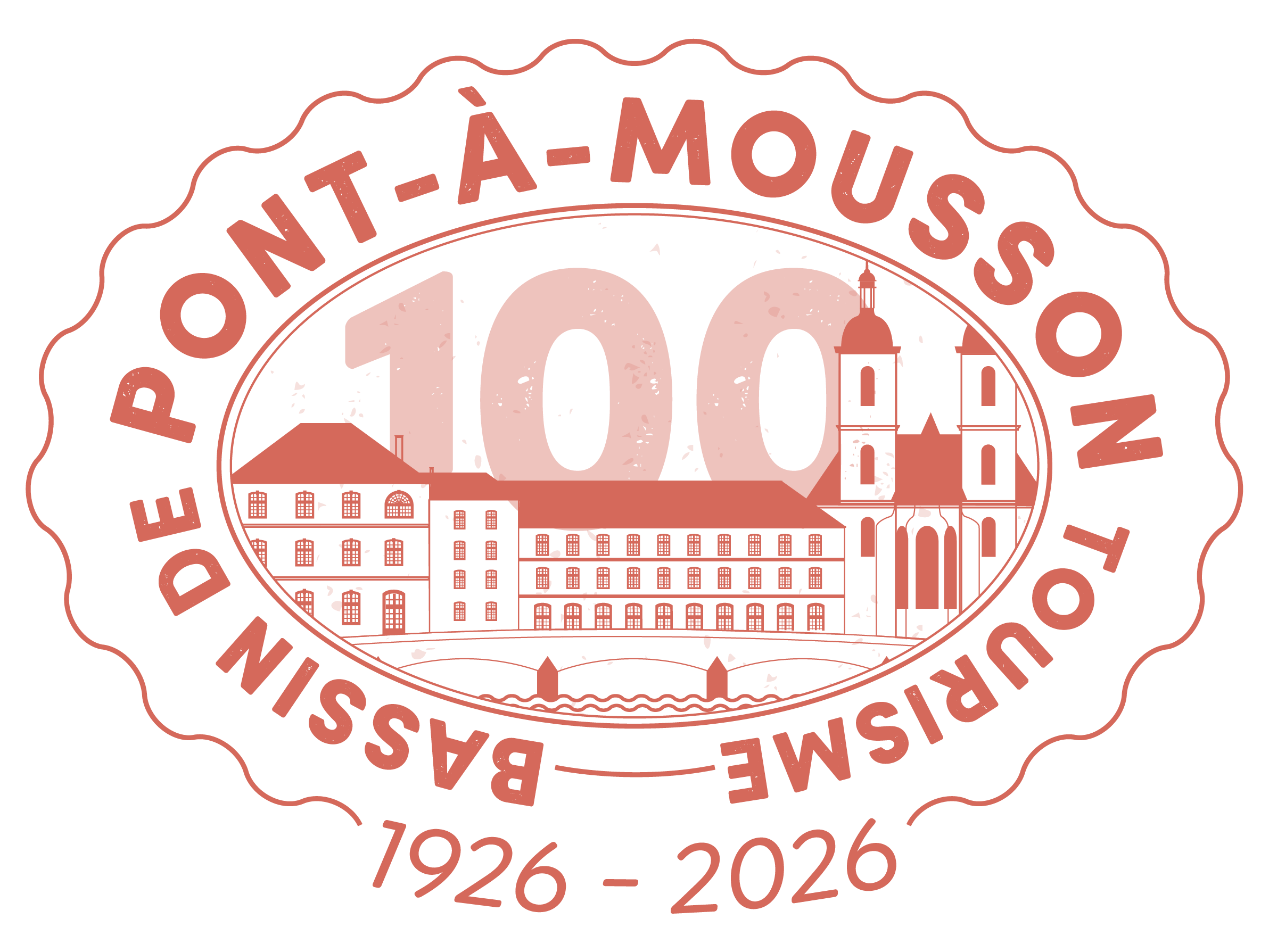 logo pour célébrer les 100 ans de l'office de tourisme représentant l'abbaye des Prémontrés, le pont Gélot, la Moselle et le nom de l'office de tourisme.